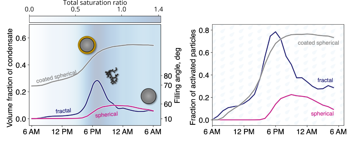 Plots showing volume fraction of condensate and fraction of activated particles as a function of time for spherical and fractal particles