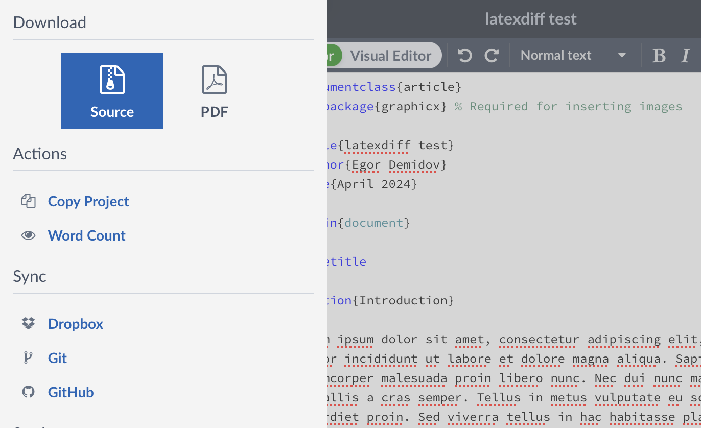 Screenshot showing the download source button in Overleaf