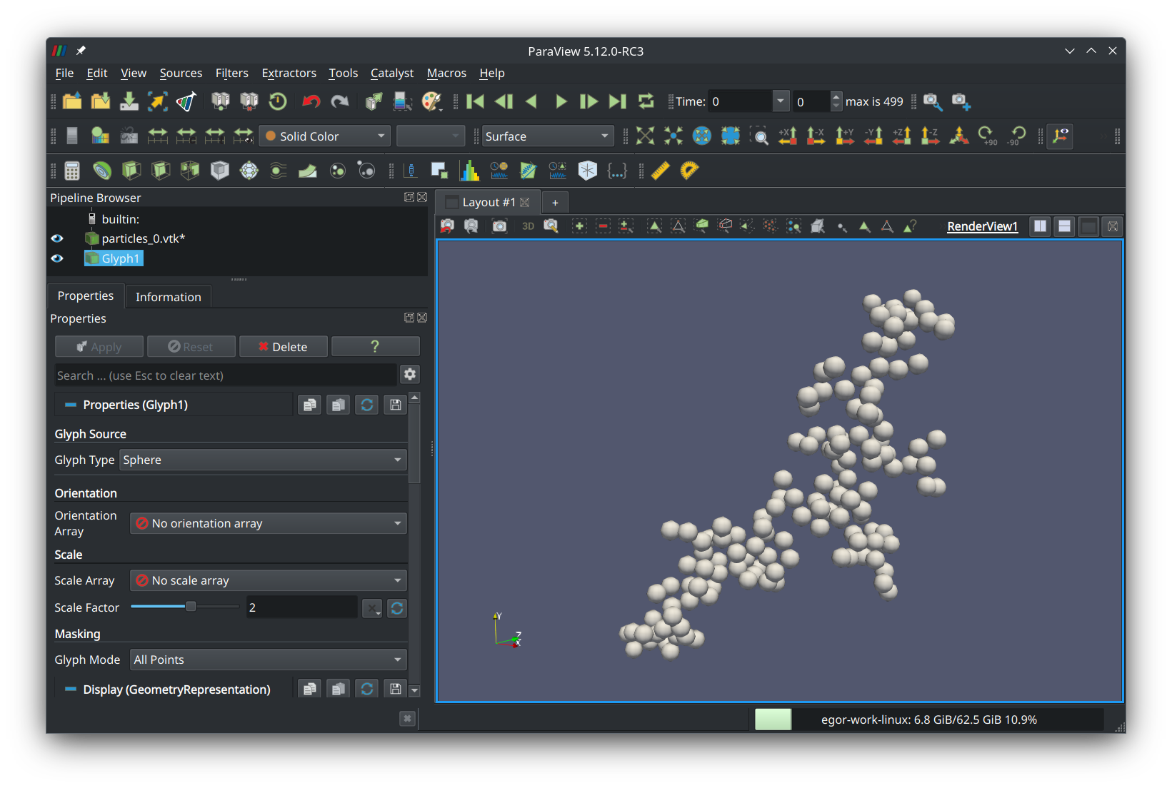 Fractal aggregate shown in the ParaView preview panel