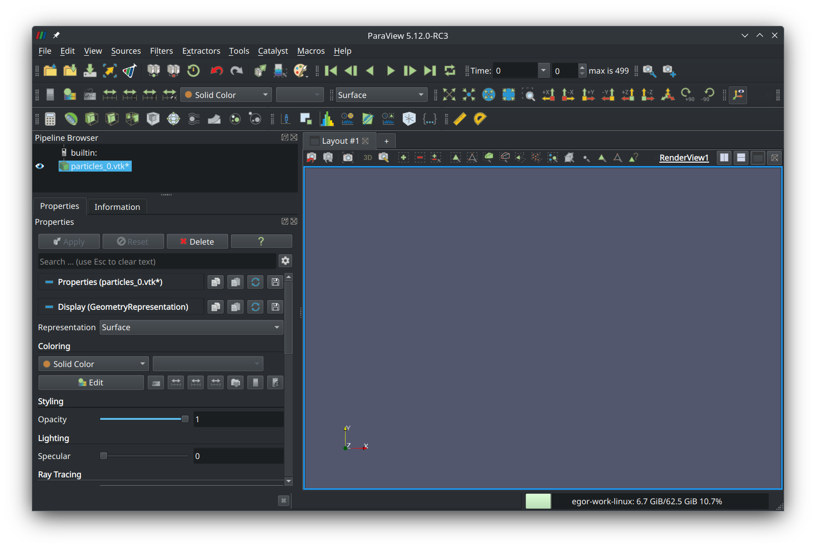 ParaView window after loading the data file