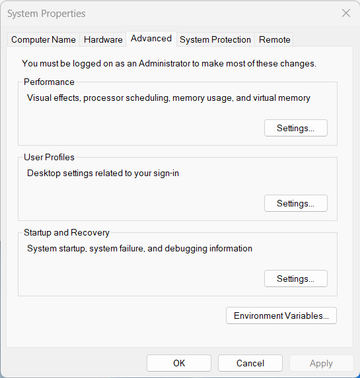 Windows advanced system settings screen