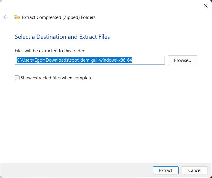 Windows prompt to select the destination for the extracted files